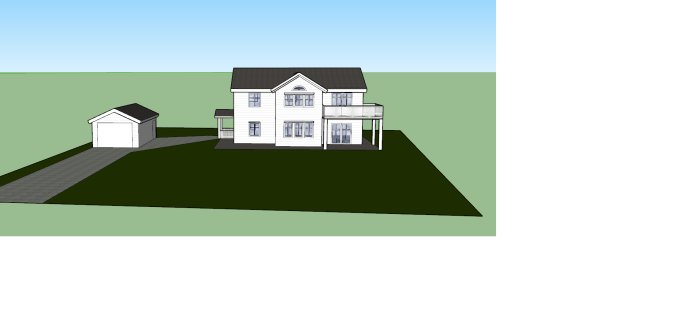 3D-skiss av ett tvåvåningshus med garage och burspråk, potentiell planlösning för kök och entré.
