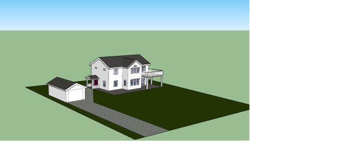 3D-skiss av en tvåvåningsvilla med garage och veranda, planlösning diskuteras.