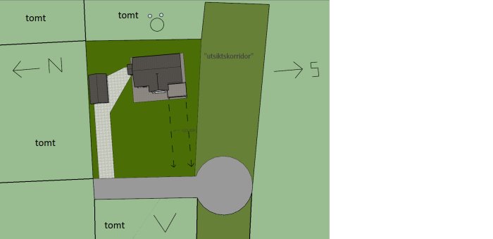 Oversiktskarta med skissad husplacering, möjlig utsiktskorridor och omkringliggande tomter.