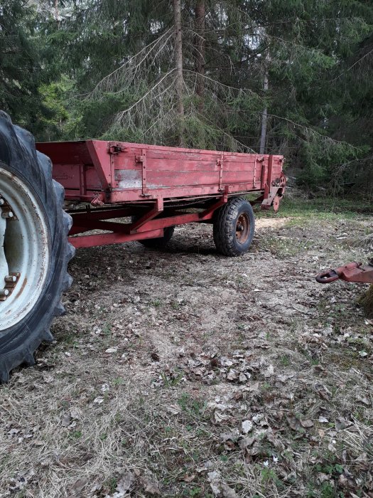 En gammal röd dyngspridarkärra parkerad i ett skogsområde.