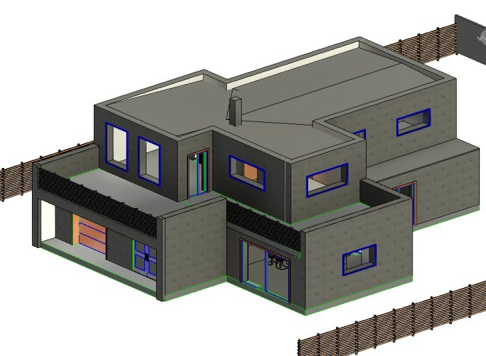 3D-modell av flervåningshus med indragen övervåning och olika taknivåer.