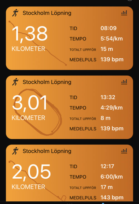 Tre löpningsstatistikskort med distans, tid, tempo, höjdstigning och puls för olika löprundor i Stockholm.