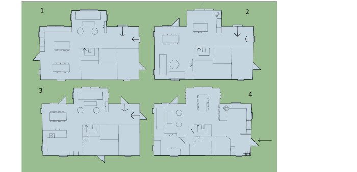 Fyra olika skisser av en planlösning med varianter av kök, matsal och vardagsrum för ett hus.