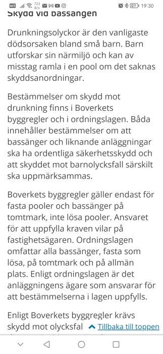 Skärmdump av en webbsida om skydd vid bassängen och Boverkets byggregler för pooler och bassänger.