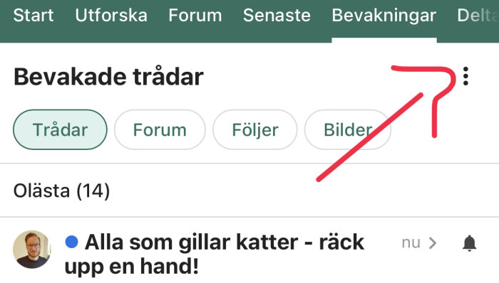 Skärmdump av navigering på Bevakningar-sida med markerad knapp för inställningar.