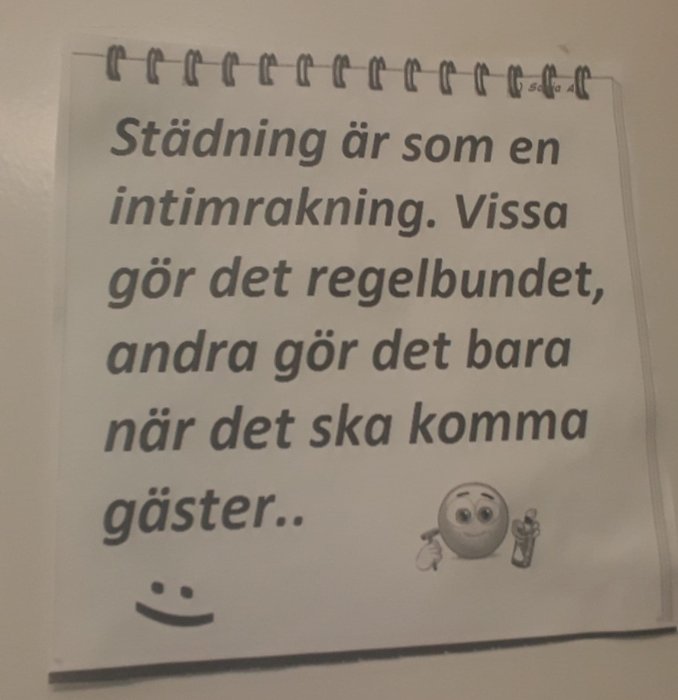 Notering i spiralbunden anteckningsbok om städning likt intimrakning med emojis.