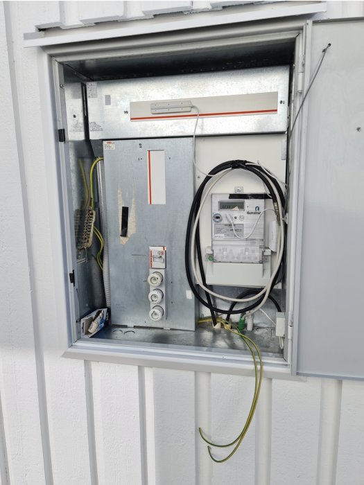 Elskåp med huvudbrytare, 3x20A säkringar, el-mätare och DIN-skena. Kablar i grått, svart, brunt och gult syns.