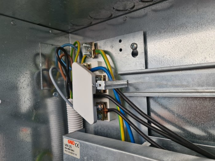 Elutrustning med kablar och säkringar i ett elskåp, planering för installation av ytterligare utrustning.