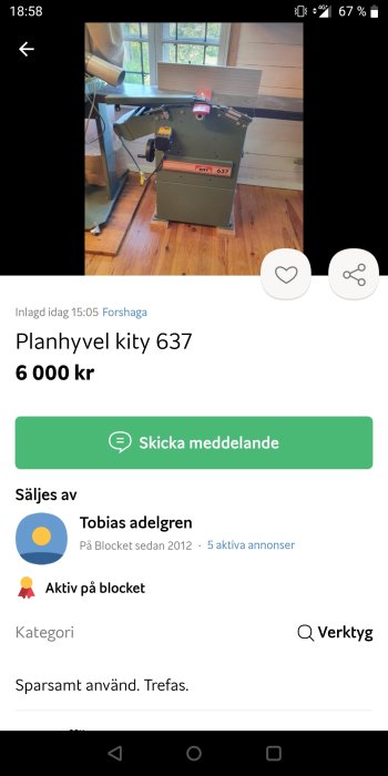 Inca Kity 637 planhyvel i en verkstad, sparsamt använd och ansluten till el.