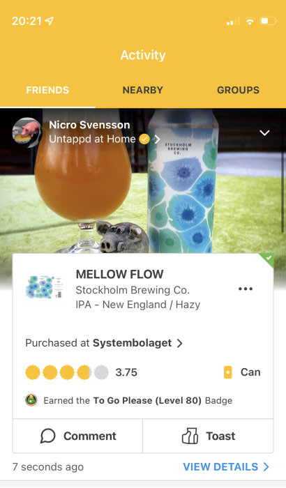 Skärmavbild av app med ölprofil, 'MELLOW FLOW IPA' av Stockholm Brewing Co., betygsatt 3.75, köpt på Systembolaget.