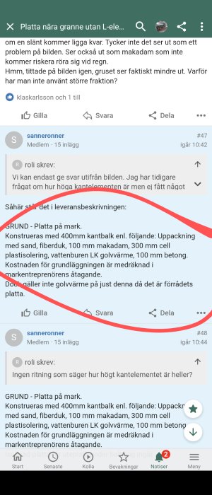 Skärmdump av diskussionsforum med beskrivning av markplatta konstruktion inklusive isolering och golvärme.