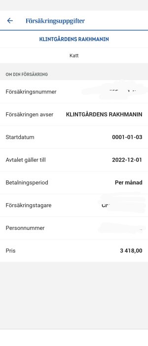 Skärmdump av försäkringsinformation för katten Klintgårdens Rakhmanin med prisangivelse.