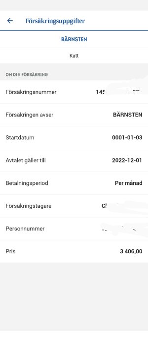 Skärmdump av försäkringsuppgifter för katt, med premiepris och policyinformation.
