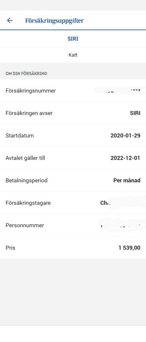 Skärmavbild av försäkringsinformation för katten Siri, inklusive pris och period.