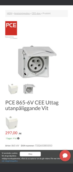 Vitt utanpåliggande CEE-uttag med sex uttag och skyddslock, produktinfo och pris visas.