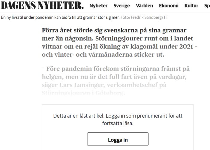 Webbsida som visar en låst artikelavisning med uppmaning att logga in för att läsa vidare.