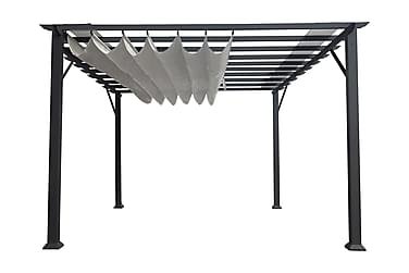 Svart modern pergola med tak av lameller, avbildad med vit bakgrund.