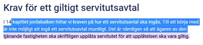 Skärmklipp med text som förklarar krav för ett giltigt servitutsavtal enligt jordabalken om skriftlighet.
