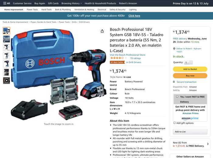 Bosch Professional 18V borrskruvdragare med batteri, bitsats och väska som visas på en produktannons.