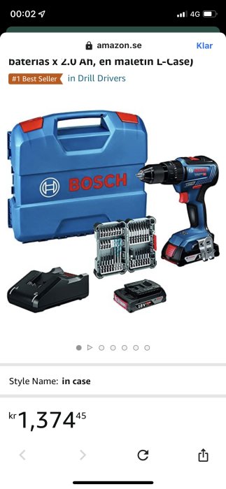 Bosch borrskruvdragare med batteri, laddare och bitssats i blå förvaringsväska.