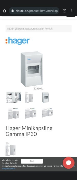 Vit Hager minikapsling Gamma IP30 för elinstallationer, öppen frontvy och flera stängda vyer.