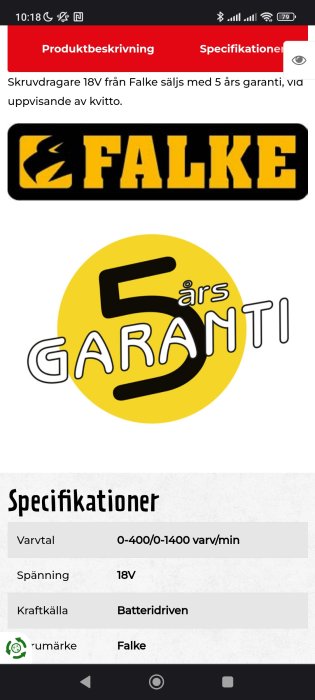 Reklambild för Falke skruvdragare med texten "5 års garanti" och specifikationer listade nedanför.