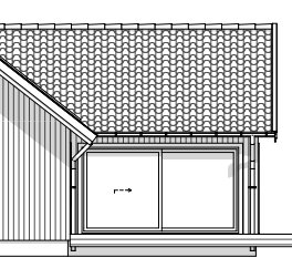 Arkitektonisk ritning av en utbyggnad med en skjutdörr som pekas åt en riktning av en pil.