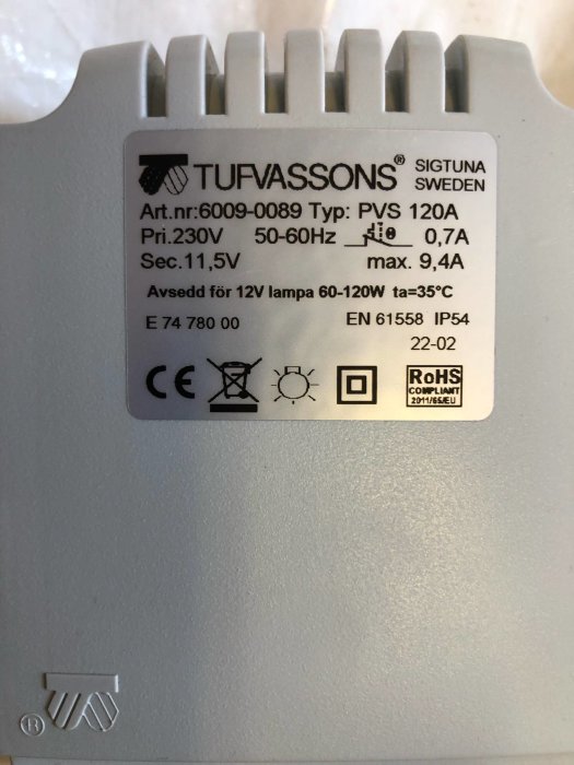 Trafo från Tufvassons för 12V lampor 60-120W, märkt med tekniska specifikationer och certifieringssymboler.