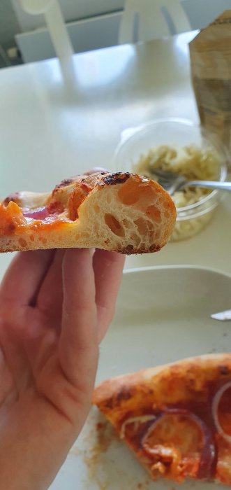 Hand håller en bit hemlagad pizza med tydligt luftig och bubblig kant.