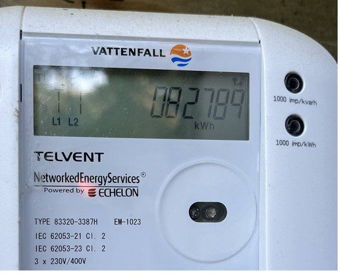 Elmätare med Vattenfall-logotyp som visar att faserna L1 och L2 är aktiva, L3 saknas, och energiförbrukning är 1027189 kWh.