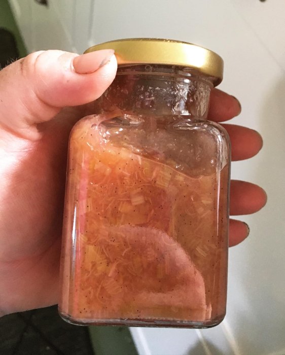 En hand håller ett glasburk med hemmagjord rabarbermarmelad.