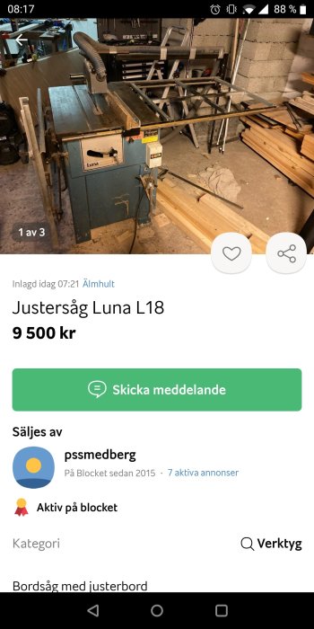 Luna L18 justersåg till salu i arbetsrum med trämaterial och verktyg i bakgrunden.