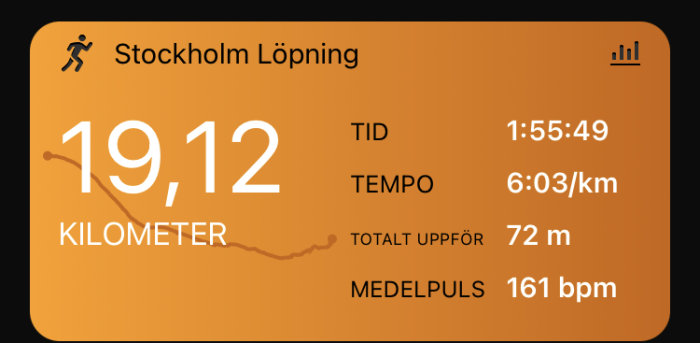 Skärmklipp som visar löpstatistik inklusive sträcka, tid, tempo, total stigning och medelpuls från en träningsapp.