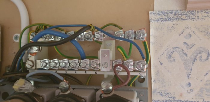 Elcentral med öppet 3-fasuttag, sladdar kopplade till jord, noll och faser.