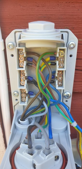 Nyinstallerat 3-fasuttag med ledningar inkopplade till terminaler, inkopplad jord och nolla.