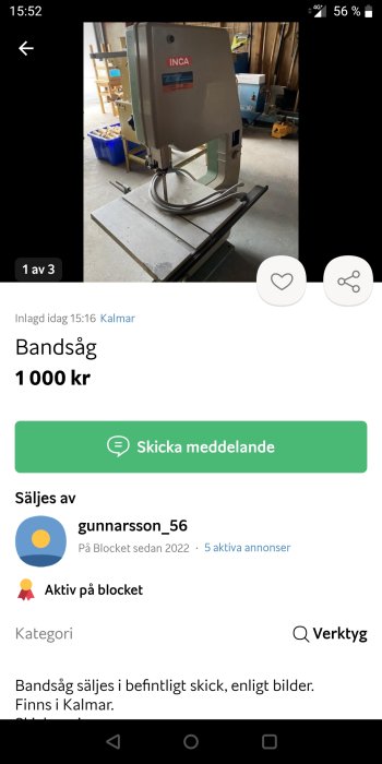 Stående bandsåg av märket INCA i ett verkstadsutrymme, till salu för 1000 kr.