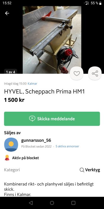 Begagnad Scheppach Prima HM1 hyvelmaskin med tillbehör till salu, visas i arbetsmiljö.