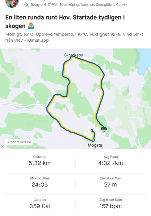 Kartskärm från träningsapp som visar löprunda på 5,32 km med tid och statistik.