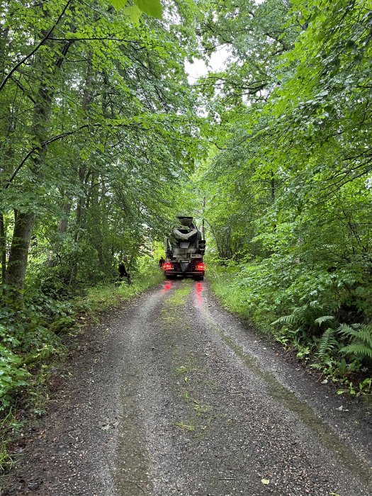 En betongbil på en smal skogsväg omgiven av gröna träd och vegetation.