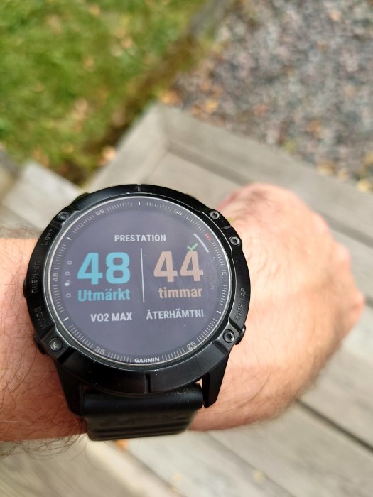 Pulsur på en handled visar prestationsdata med texten "Prestation 48 Utmärkt VO2 MAX 44 timmar ÅTERHÄMTNI".