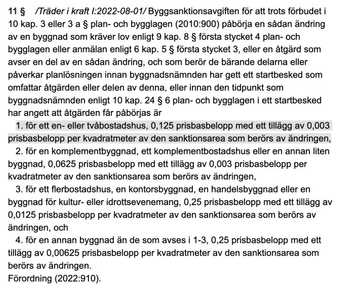 Dokument med text om beräkning av byggsanktionsavgift enligt PBF med specifika prissatser för olika byggnadstyper.