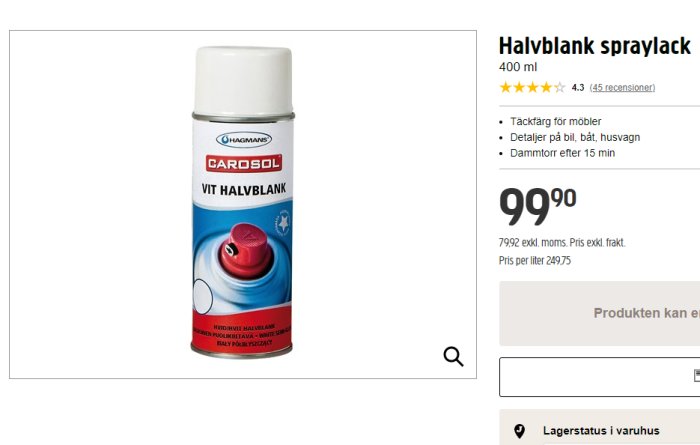 Hagmans Carosol vit halvblank sprayfärgburk på en produktwebbsida med pris och användningsområden.