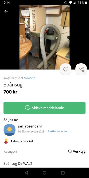 Spånsug DeWALT i ett verkstadsutrymme till salu för 700 kr.