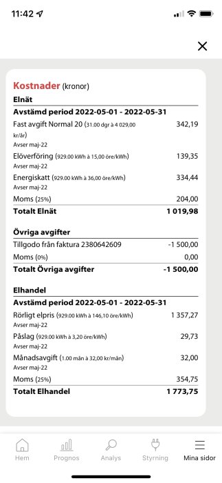 Skärmbild av en elräkning med kostnader för elnät, övriga avgifter och elhandel.