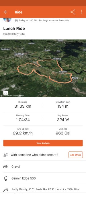Skärmbild av en cykeltur som registrerats i en träningsapp med karta, distans, tid och andra cykeldetaljer.