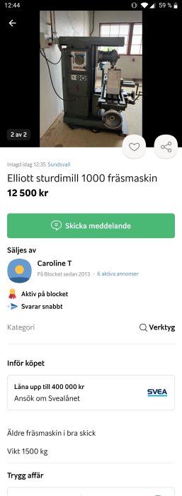 Äldre Elliott sturdimill 1000 fräsmaskin i verkstadslokal, syns i helbild för skickbedömning.