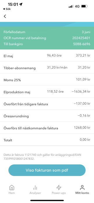 Skärmbild av en elräkning med detaljerad kostnad för maj inklusive förbrukning, abonnemang och moms.