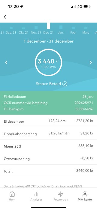 Skärmdump av elräkning med detaljerad kostnad för december i mobilapp.