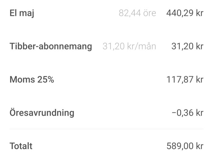 Elräkning som visar kostnader för maj med posterna för el, abonnemang, moms och öresavrundning.