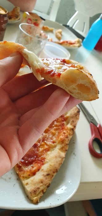 Ett stycke hemlagad pizza med tomat och ost i förgrunden, bakade med en Ooni pizzaugn.